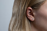 Èze is a pair of fine stud earrings made with 18k yellow gold and simulated sapphires.  Simple and elegant, these mini sapphire studs are one of our classic ear stack staples.