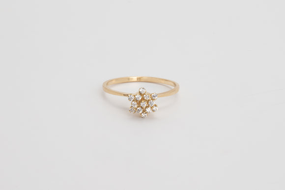 Le Bouquet is a fine bouquet ring made with 18k yellow gold and simulated diamonds.  Featuring a gorgeous flower design, this showstopper is a very feminine and delicate ring and it's the ultimate femme cocktail ring. Look no further if you are looking for that perfect piece to compliment your special occasion look.